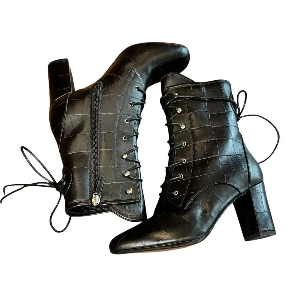 Longchamp Black Croc Print Bootie NWOB Size 38/ US 7 1/2